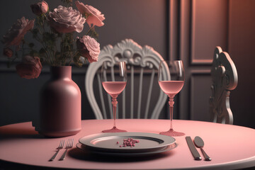 Romantic and decent dining table with flowers, candles, drinks, and plates, generative AI