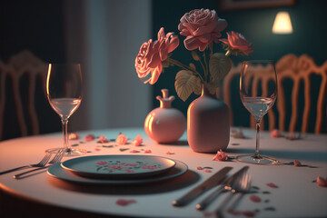 Romantic and decent dining table with flowers, candles, drinks, and plates, generative AI