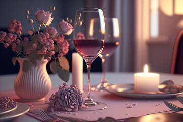 Romantic and decent dining table with flowers, candles, drinks, and plates, generative AI