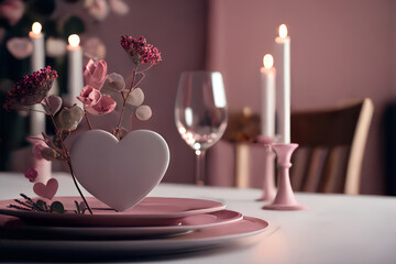 Romantic and decent dining table with flowers, candles, drinks, and plates, generative AI