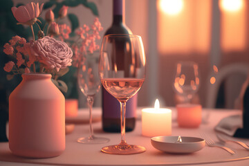 Romantic and decent dining table with flowers, candles, drinks, and plates, generative AI