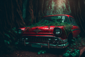 The past depicted: classic red car gleaming amidst lush green vegetation.