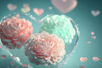 Colorful roses surrounded by heart-shaped water splash, generative AI