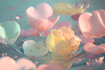 Pastel color flowers on water with a splash, generative AI