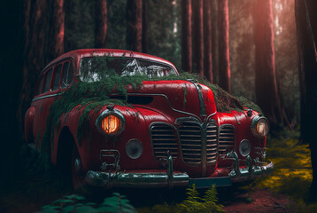 Retro Fantasy: A classic red chrome car in a wild setting