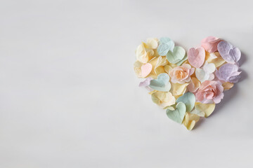 Pastel color roses in heart shape with white background, generative AI