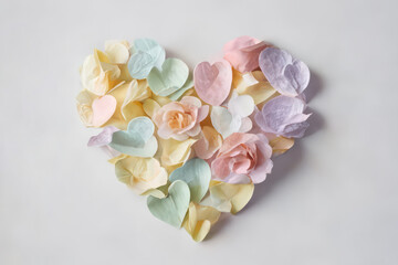 Pastel color roses in heart shape with white background, generative AI