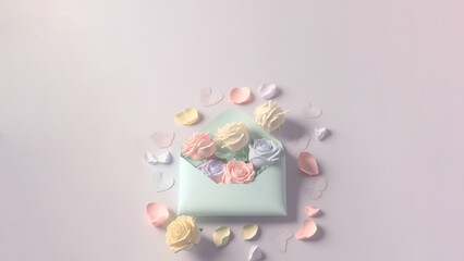 Pastel color roses with envelope and petals, generative AI