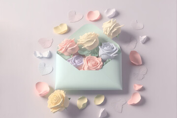 Pastel color roses with envelope and petals, generative AI