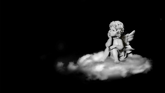 Guardian angel on the cloud isolated on black background with copy space