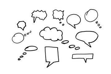 A lot of dialog clouds and windows drawn with a black marker on a white background.
