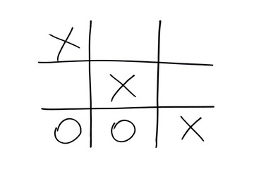 Tic-tac-toe game on white paper is drawn with a black marker.	
