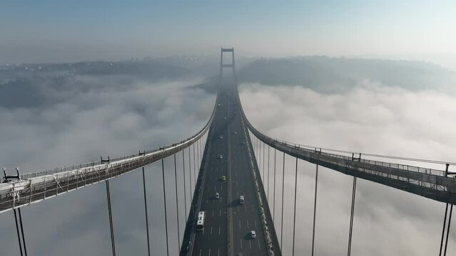 Istanbul aerial fog and bridge view. Aerial Bosphorus and Fog view