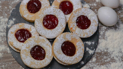 ox eyes biscuits, typical sweets of Sardinia, made of eggs, flour and jam
