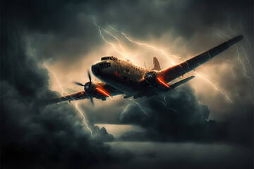 Airplane flies under heavy thunder clouds and lightning, generative ai