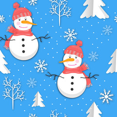 Seamless pattern with winter elements: snowman, snowflakes, Christmas trees with cut-out effect