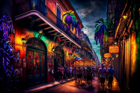 Mardi Gras Carnival Street Bright Colors Illustration Wallpaper Painting Generative AI