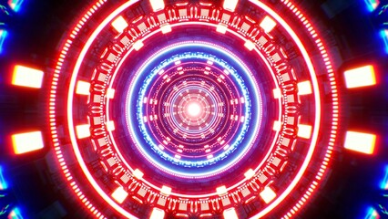 Glowing red and blue circle light in the cyber pattern tunnel