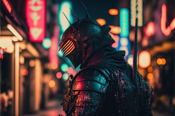 Fototapeta na wymiar Samurai in the middle of street with blurred neon lights at night on background. Postproducted generative AI digital illustration.