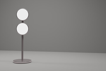 3d render illustration Blank Metal two round circular signage board, led glow advertising board