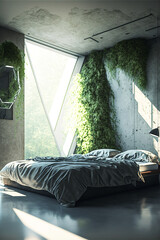 Modern concrete style bedroom interior with hanging plants. Designed using generative ai. 