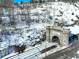 Italian side of the Railway Tunnel on the border between France to Italy. Bardonecchia, Italy - January 2023