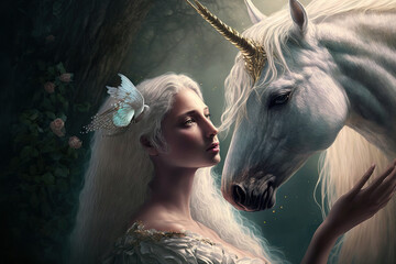 Beautiful fairy queen and majestic white unicorn. Non-existent person. Post-processed generative AI	