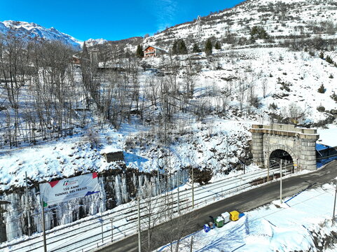 Italian side of the Railway Tunnel on the border between France to Italy. Bardonecchia, Italy - January 2023