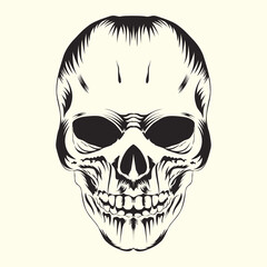 White graphic human skull with black eyes.