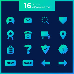 e-commerce set of flat icons for web and applications. includes flat icons of account, favourites, wish list, phone,  chat, sale card, search, new, location, mail, delivery, question