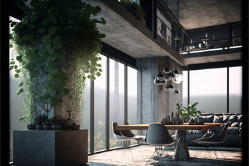Fototapeta premium Modern design living room apartment interior with concrete walls. Designed using generative ai. 