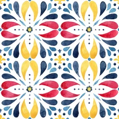 Foto auf Acrylglas Watercolor vintage seamless pattern consisting of red, blue and yellow Mediterranean tiles and elements. Hand painted illustration isolation on white background for design, print or background. © yuliya_derbisheva