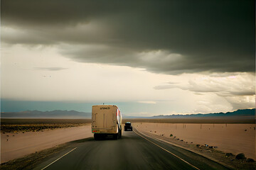 A Single Loney Lorry Stranded on a Motorway: A Visually Stunning Cinematography Stock Photo of a Broken Down Truck in the Middle of Nowhere