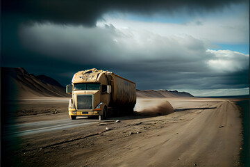 A Single Loney Lorry Stranded on a Motorway: A Visually Stunning Cinematography Stock Photo of a Broken Down Truck in the Middle of Nowhere