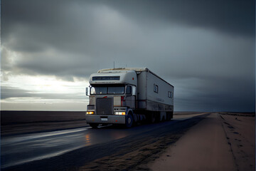 A Single Loney Lorry Stranded on a Motorway: A Visually Stunning Cinematography Stock Photo of a Broken Down Truck in the Middle of Nowhere