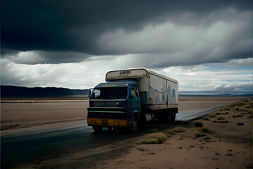 A Single Loney Lorry Stranded on a Motorway: A Visually Stunning Cinematography Stock Photo of a Broken Down Truck in the Middle of Nowhere