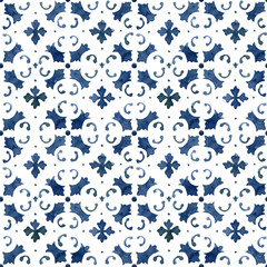 Watercolor classical seamless pattern consisting of blue elements and Mediterranean tiles. Hand painted traditional illustration isolation on white background for design, print, fabric or background.