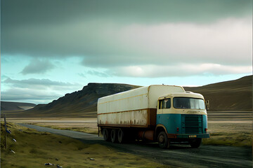 A Single Loney Lorry Stranded on a Motorway: A Visually Stunning Cinematography Stock Photo of a Broken Down Truck in the Middle of Nowhere