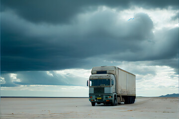 A Single Loney Lorry Stranded on a Motorway: A Visually Stunning Cinematography Stock Photo of a Broken Down Truck in the Middle of Nowhere
