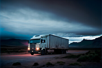 A Single Loney Lorry Stranded on a Motorway: A Visually Stunning Cinematography Stock Photo of a Broken Down Truck in the Middle of Nowhere