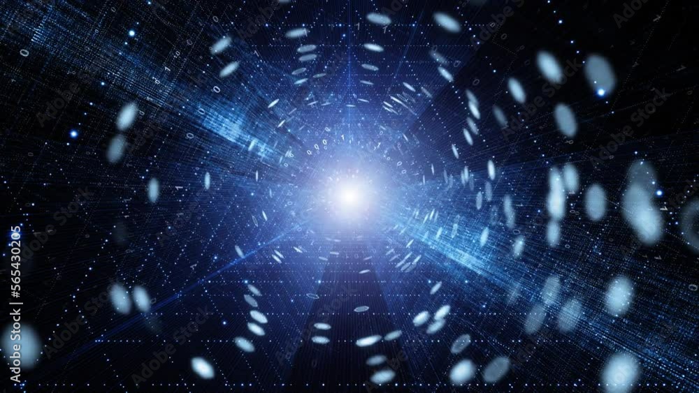 Poster futuristic shiny blue digital technology seamless loop tunnel network. flying through.