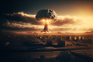 Atomic Bomb over a City with Mushroom cloud in the distance. Giant Nuke Explosion Blast. Nuclear war danger. WW3 Danger Illustration. Ai generated