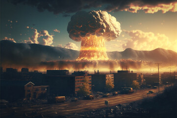 Atomic Bomb over a City with Mushroom cloud in the distance. Giant Nuke Explosion Blast. Nuclear war danger. WW3 Danger Illustration. Ai generated