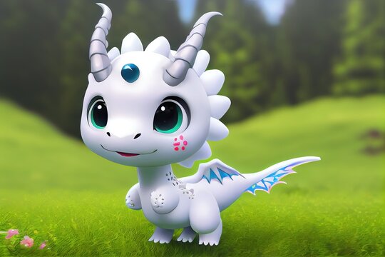Colorful white baby dragon in a modern 3D animation style. Cute and adorable mythical creature made with generative AI assistance