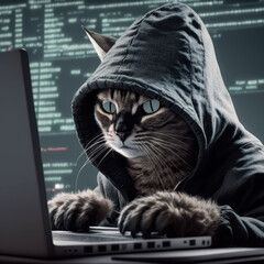 A hacker cat wearing a hoodie hacking on a laptop. Created with Generative AI.