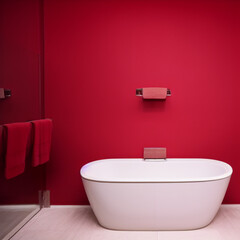 Obraz na płótnie Canvas A bathroom with a bathtub on an empty red wall, the perfect setting for a Valentine's Day soak