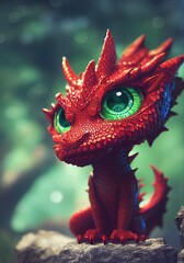 Colorful red baby dragon in a modern 3D animation style. Cute and adorable mythical creature made with generative AI assistance