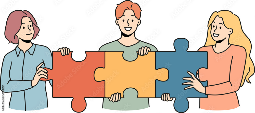 Wall mural happy employees connect jigsaw puzzles