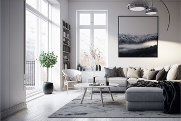 Living Room Interior Design Idea with Nordic Elements and clean Minimalist Design. Ai generated