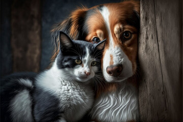 Love between a cat and a dog, Cat loving a dog, Dog and cat friends concept. Ai generated